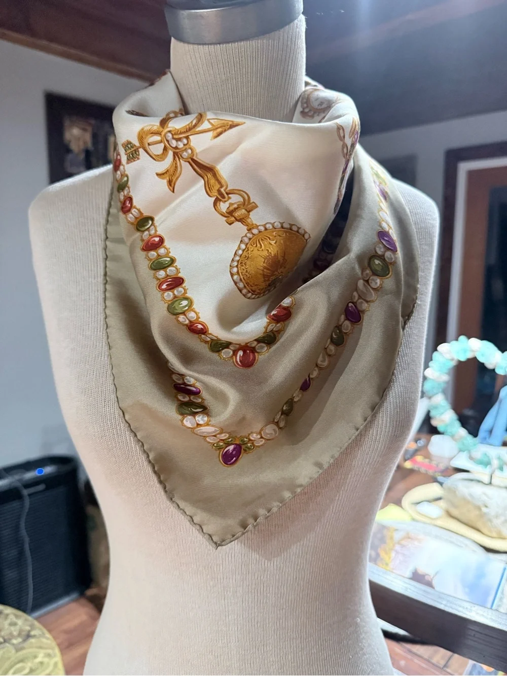 Vintage Dior Silk Scarf in Cream, Gold and Purple Accent